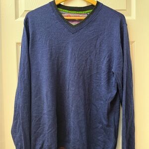 Robert Graham Navy V-Neck Sweater 100% Wool Large